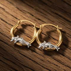 10k 2 Tone White And Yellow Gold Round Shape Hoop Earrings With Dolphins, Diameter 15mm - JewelryAffairs