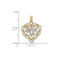 10K Two - Tone Real Solid Gold MOM Heart with Flower Charm Pendant - JewelryAffairs