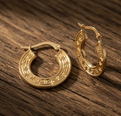 10k Yellow Gold Greek Key Pattern Round Hoop Earrings , Diameter 18mm - JewelryAffairs