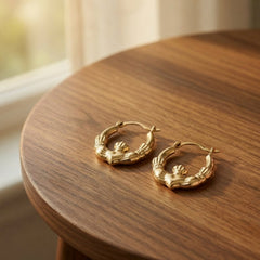 10k Yellow Gold Shiny Claddagh Design Hoop Earrings, Diameter 15mm - JewelryAffairs