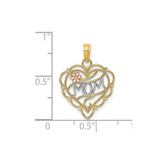 10K Two-Tone Real Solid Gold MOM Heart with Flower Charm Pendant