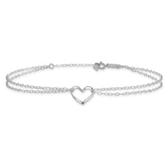 14k White Gold Double Heart Charm Adjustable Anklet, 9 to10