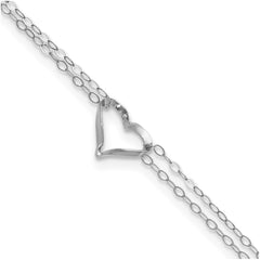 14k White Gold Double Heart Charm Adjustable Anklet, 9 to10