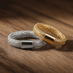 14K Gold High Polished Mesh Stretch Adjustable Band Ring - JewelryAffairs