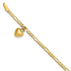 14K Real Solid Gold Figaro Link Chain Anklet with Dangling Heart Charm - JewelryAffairs