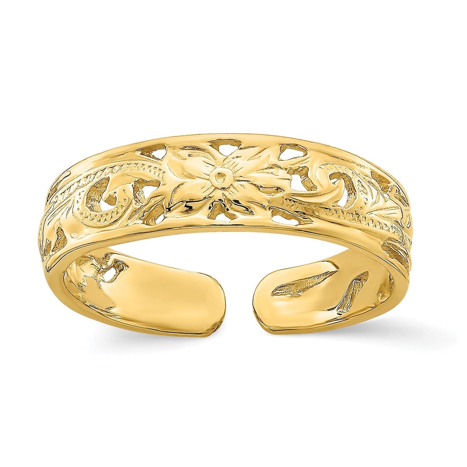 14k Real Solid Yellow Gold Adjustable Flower with Leaf Design Toe Summer Ring - JewelryAffairs