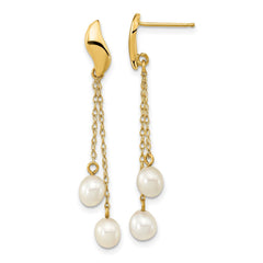 14k Real Yellow Gold 4 - 5mm White Rice Freshwater Cultured Pearl Dangle Earrings, 43mm Length - JewelryAffairs