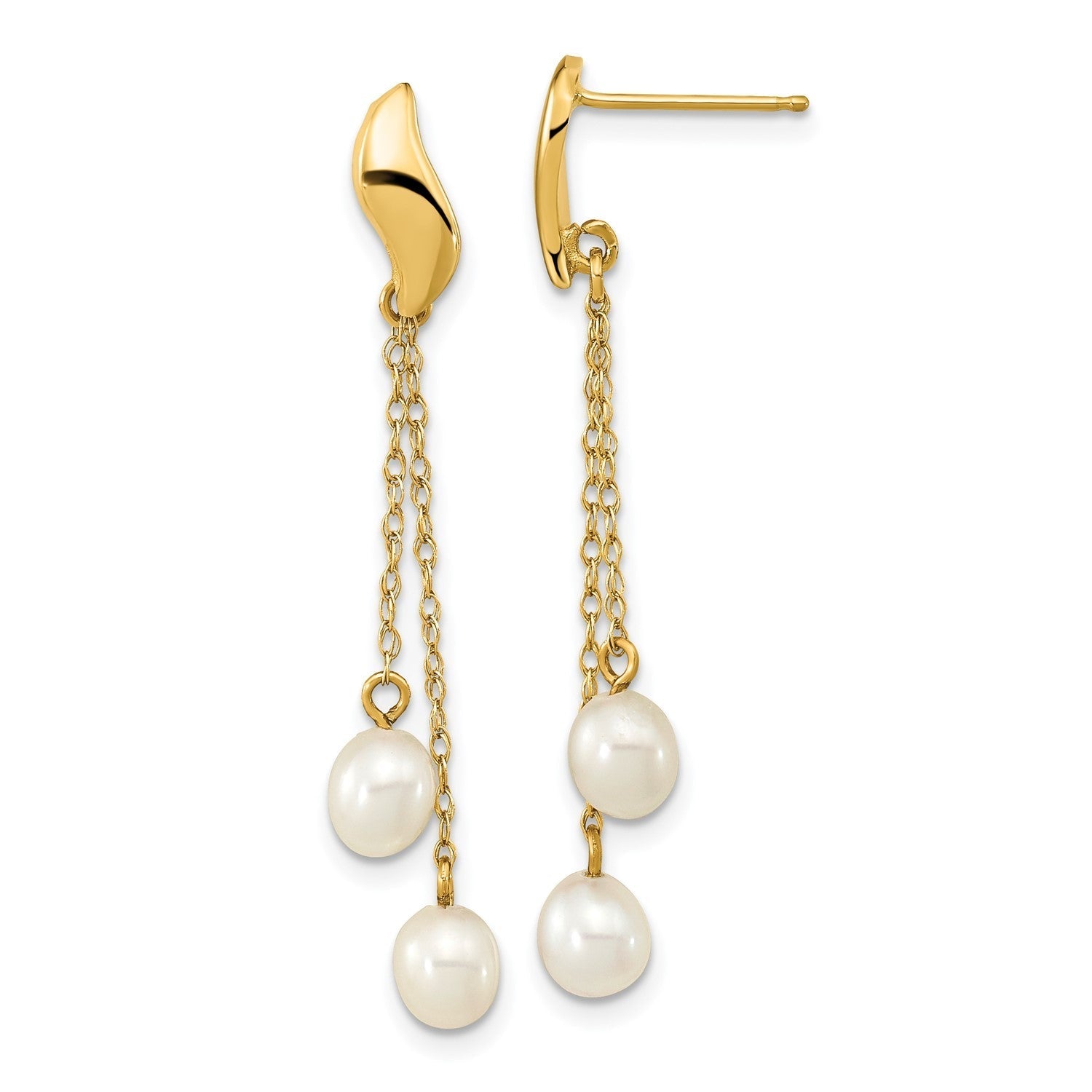 14k Real Yellow Gold 4 - 5mm White Rice Freshwater Cultured Pearl Dangle Earrings, 43mm Length - JewelryAffairs