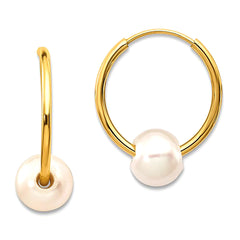 14k Real Yellow Gold 5.5 mm White Round Freshwater Cultured Pearl Endless Hoop Earrings - JewelryAffairs