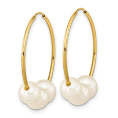 14k Real Yellow Gold 6 to 7mm Round White Fresh Water Pearl Hoop Endless Earrings, 26mm - JewelryAffairs