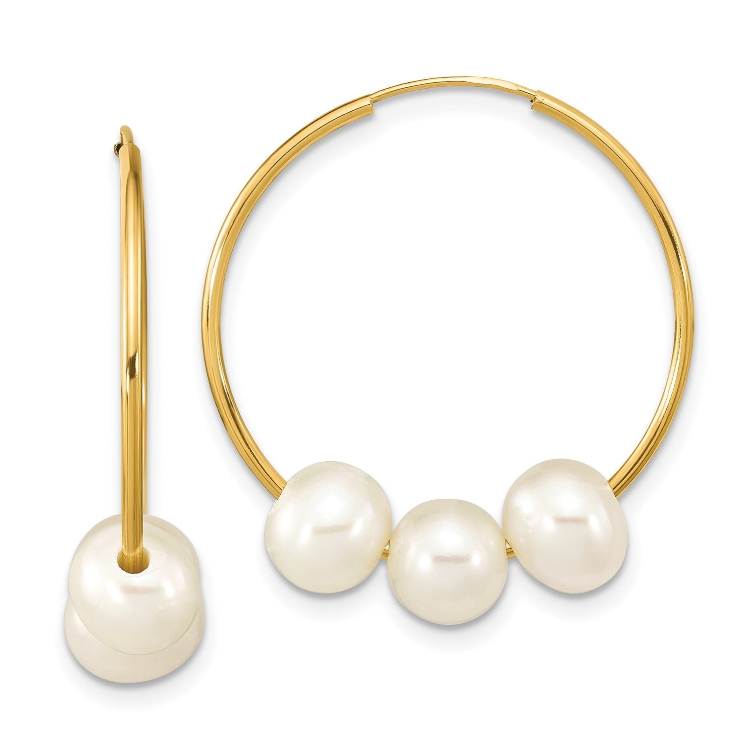 14k Real Yellow Gold 6 to 7mm Round White Fresh Water Pearl Hoop Endless Earrings, 26mm - JewelryAffairs