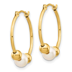 14k Real Yellow Gold 6mm Freshwater Cultured Pearl Hoop Earring, 19mm Diameter - JewelryAffairs