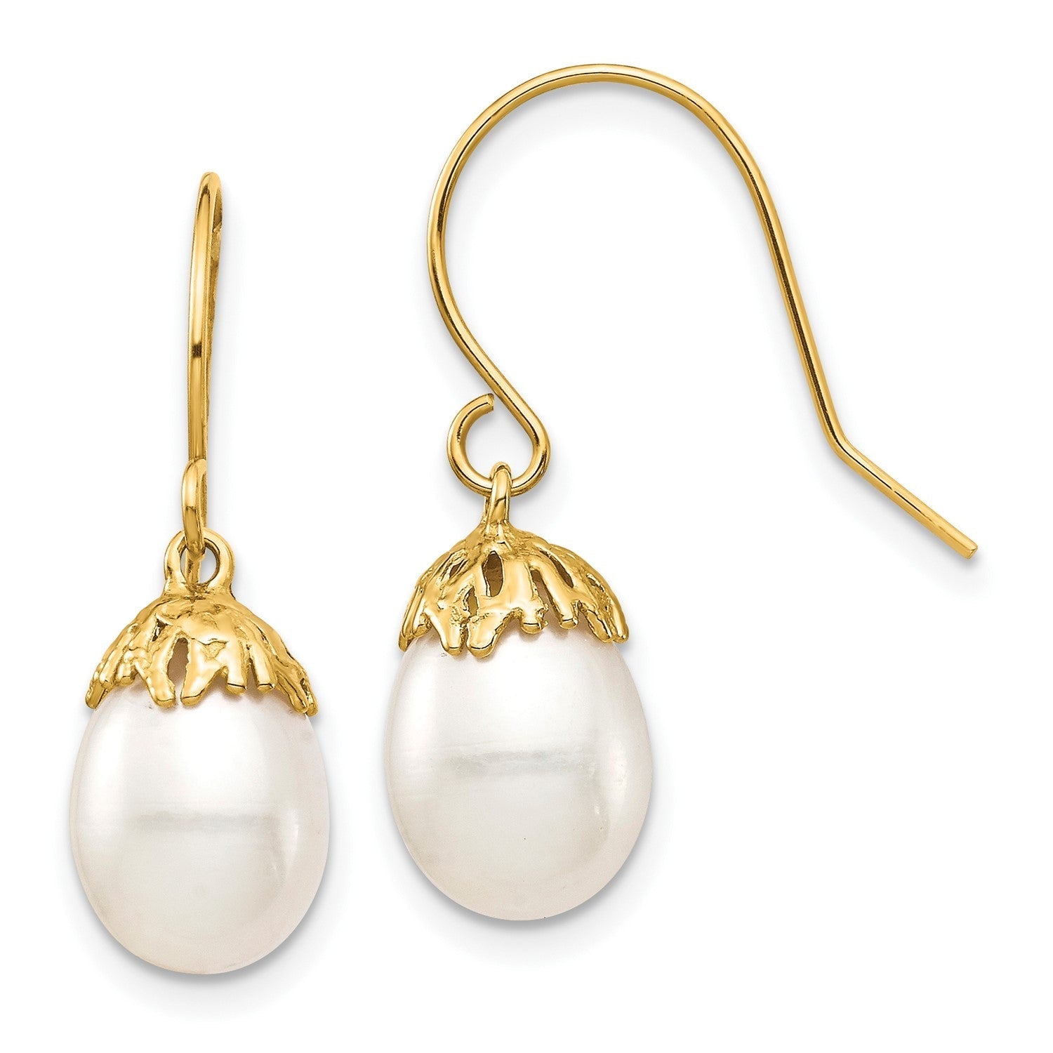 14k Real Yellow Gold 7 - 8mm White Rice Freshwater Cultured Pearl French Wire Drop Earrings, 23mm - JewelryAffairs