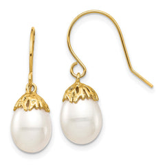 14k Real Yellow Gold 7 - 8mm White Rice Freshwater Cultured Pearl French Wire Drop Earrings, 23mm - JewelryAffairs