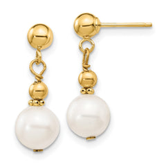 14k Real Yellow Gold 7 - 8mm White Round Freshwater Cultured Pearl Dangle Post Dangle Earrings - JewelryAffairs