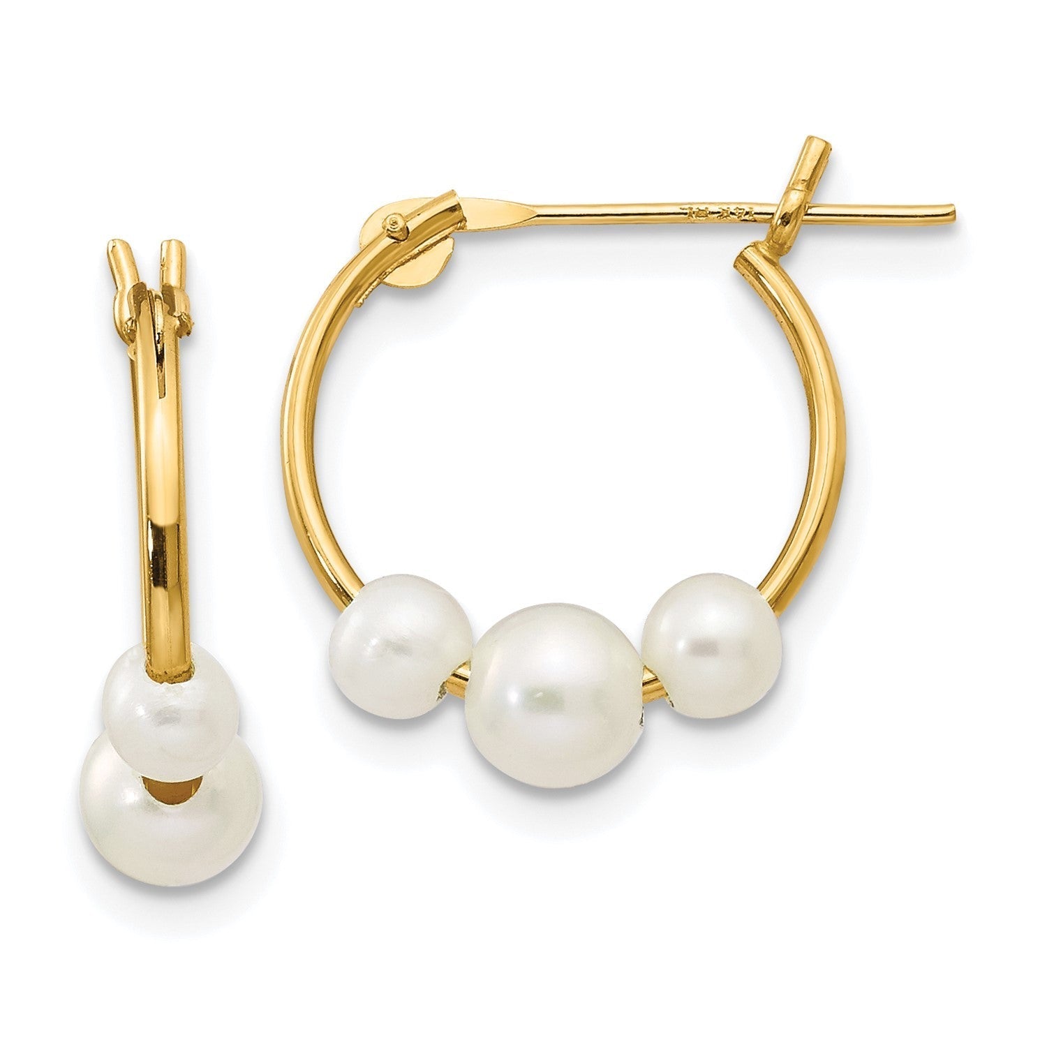 14k Real Yellow Gold and White Semi Round Freshwater Cultured 3 Pearl Hoop Earrings, 15mm - JewelryAffairs