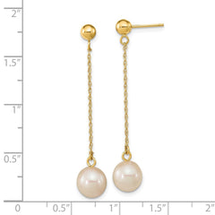 14k Real Yellow Gold Fresh Water Cultured Round Pearl Dangle Post Earrings, 46mm Length - JewelryAffairs