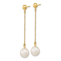 14k Real Yellow Gold Fresh Water Cultured Round Pearl Dangle Post Earrings, 46mm Length - JewelryAffairs