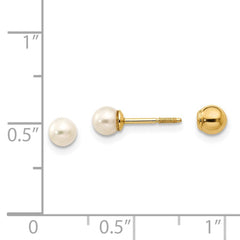 14k Real Yellow Gold Reversible 3.75 - 4mm FW Cultured Pearl and Gold Bead Earrings - JewelryAffairs