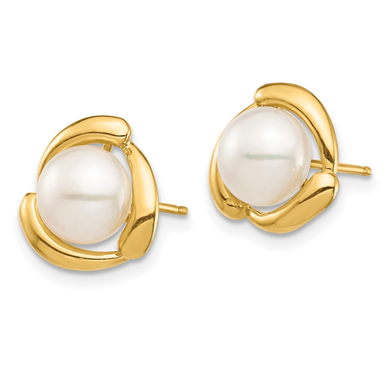 14k Real Yellow Gold White Button Freshwater Cultured Pearl Stud Earrings, 8mm - JewelryAffairs