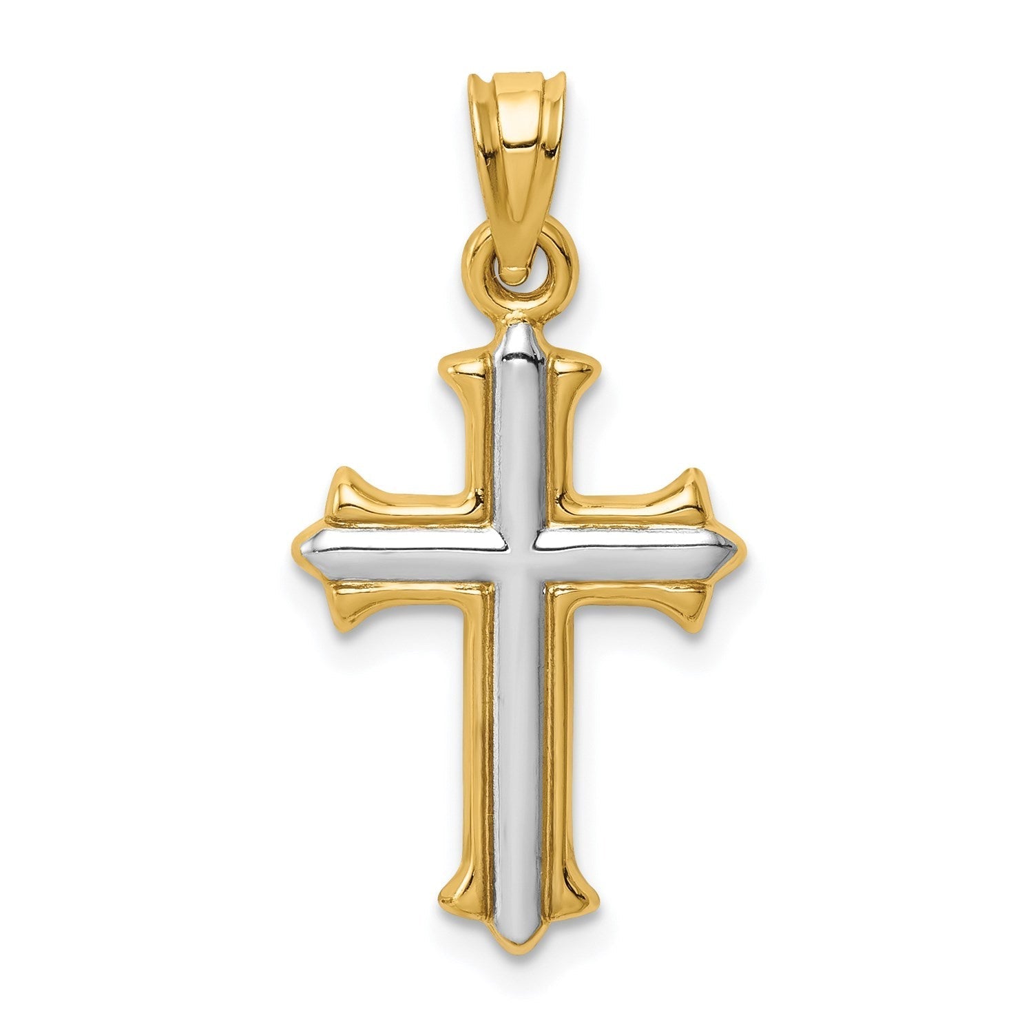 14k Real Yellow Gold with Rhodium Finisj Reversible Hollow Cross Pendant, 26x13mm - JewelryAffairs
