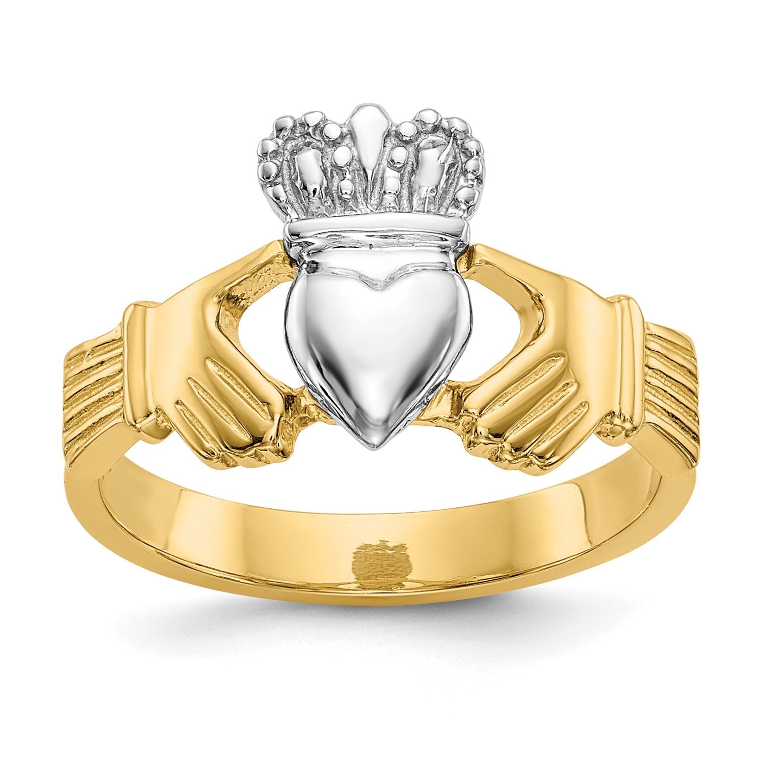 14k Two Tone Yellow and White Gold Irish Claddagh Heart Ring, Size 6 - JewelryAffairs
