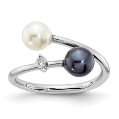 14K White Gold 6mm Black and White Pearl Diamond Adjustable Ring - JewelryAffairs