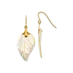 14k Yellow Gold and Mother of Pearl Leaf Dangle Drop Earrings - JewelryAffairs