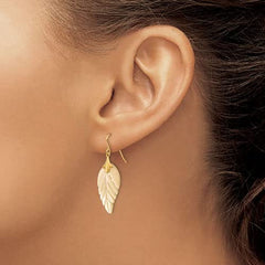 14k Yellow Gold and Mother of Pearl Leaf Dangle Drop Earrings - JewelryAffairs