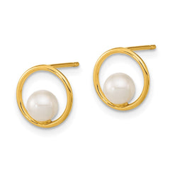 14K Yellow Gold Circle 5mm Freshwater Cultured Pearl Post Stud Earrings - JewelryAffairs