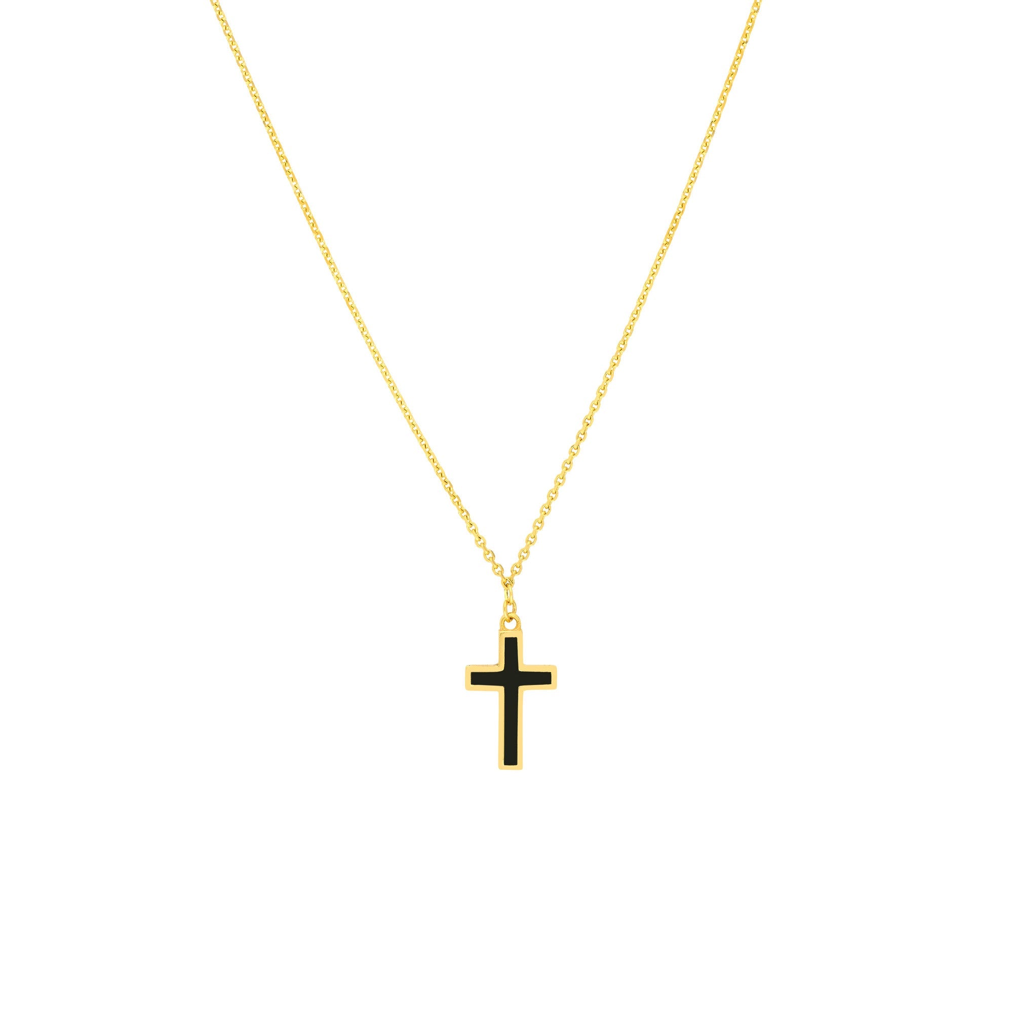 14k Yellow Gold Cross Necklace with Black Enamel, Adjustable Chain, 18 Inches
