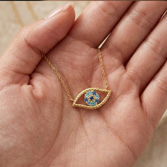 14K Yellow Gold CZ Evil Eye and Cross Pendant Adjustable Necklace, 18 to 20 - JewelryAffairs