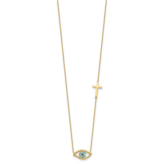 14K Yellow Gold CZ Evil Eye and Cross Pendant Adjustable Necklace, 18 to 20 - JewelryAffairs