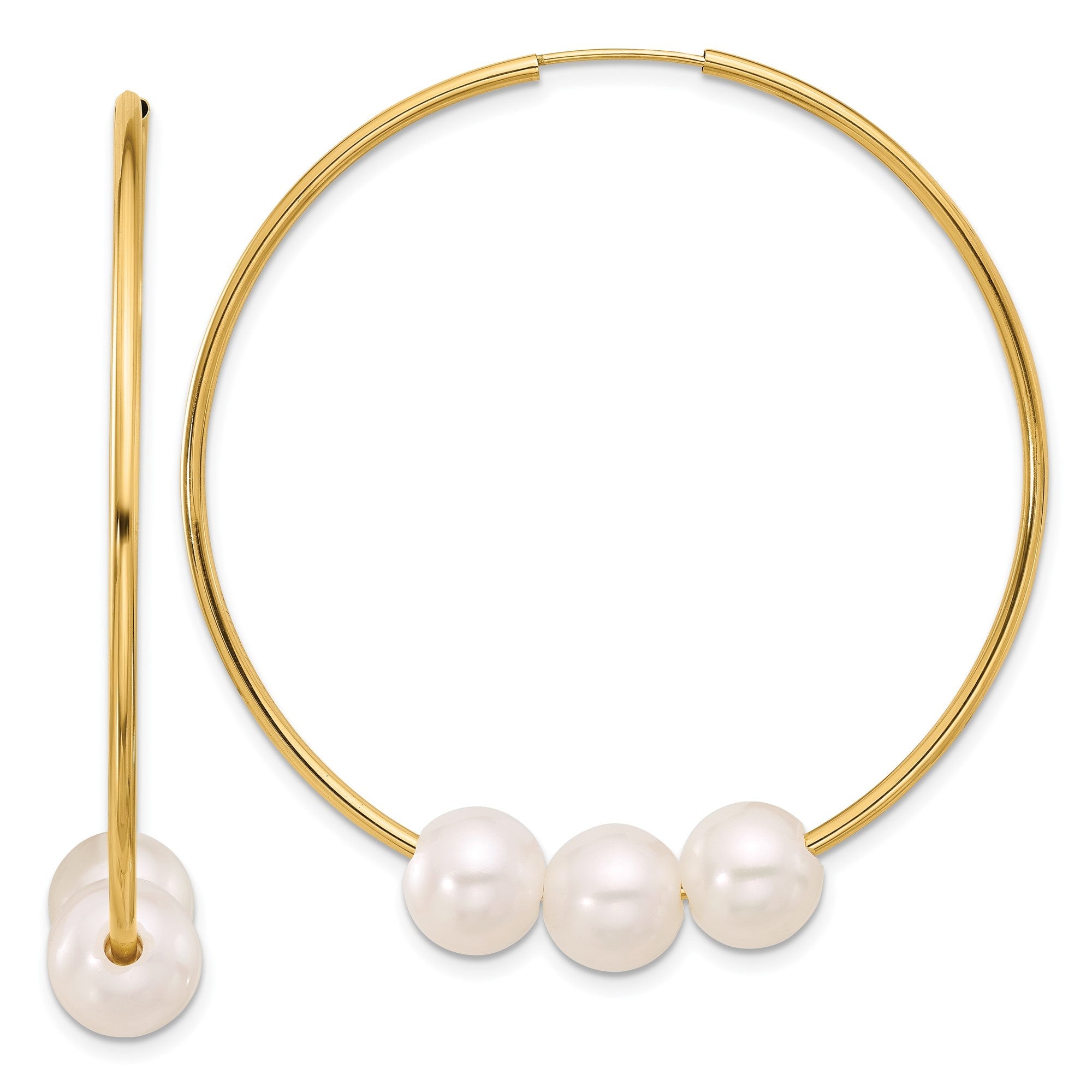 14K Yellow Gold Freshwater Pearl Hoop Earrings, 47mm - JewelryAffairs
