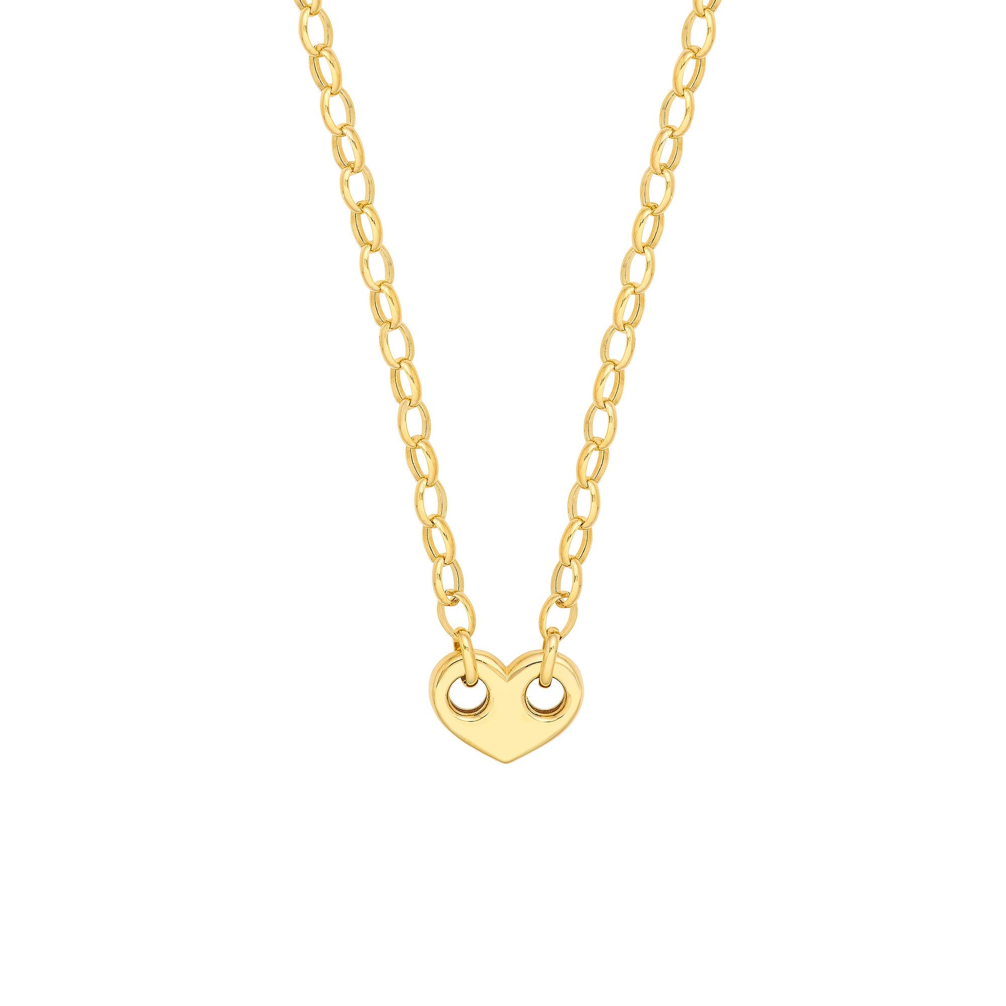 14k Yellow Gold Heart Puff Mariner And Oval Rolo Necklace, 18" - JewelryAffairs