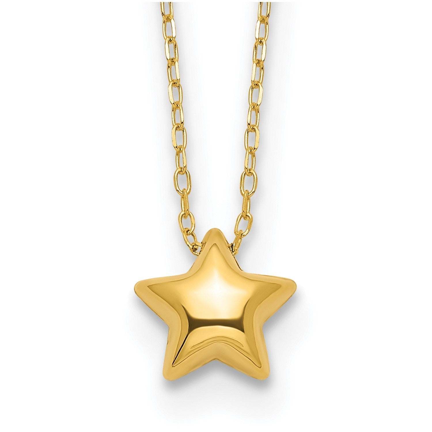 14k Yellow Gold High Polished Puffed Star Pendant Necklace, 16.5 Inches - JewelryAffairs