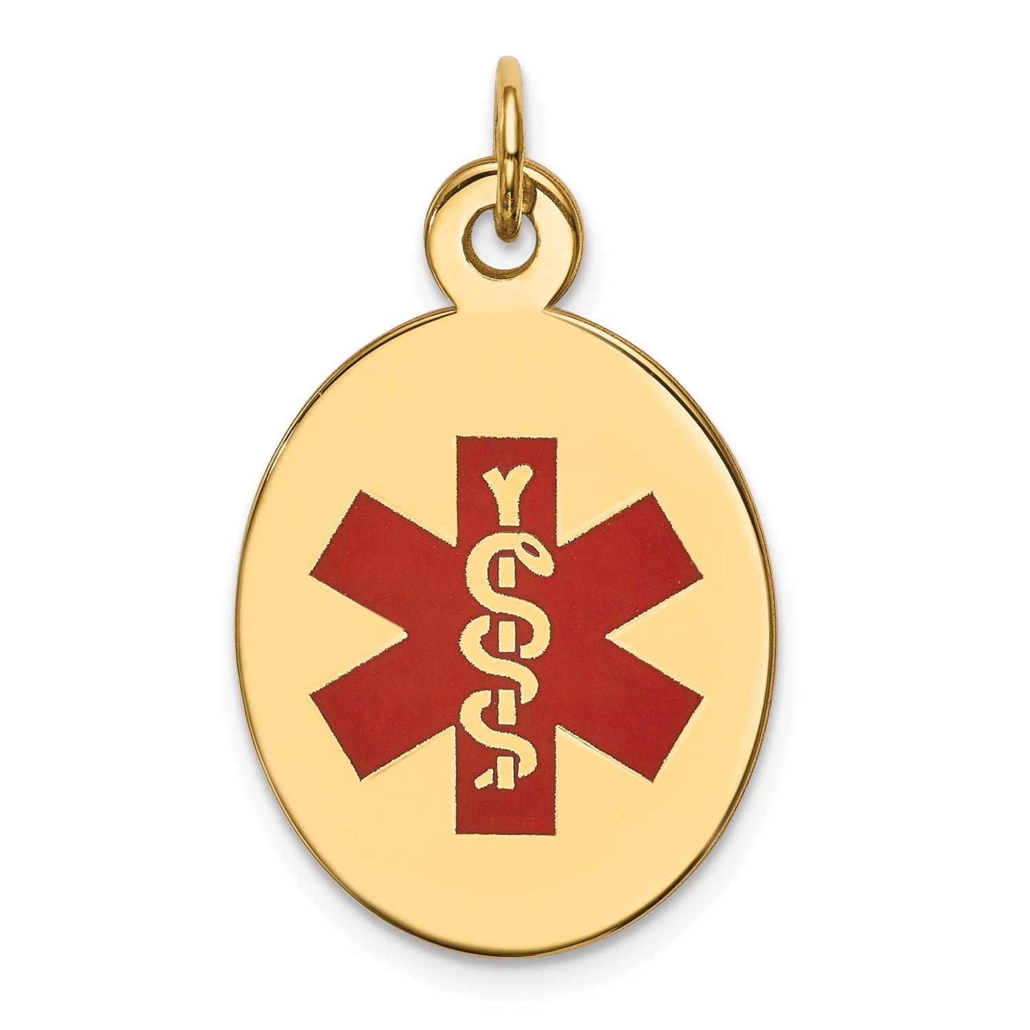 14K Yellow Gold Red Enamel Medical Jewelry Oval Disc Pendant, 26x16mm - JewelryAffairs
