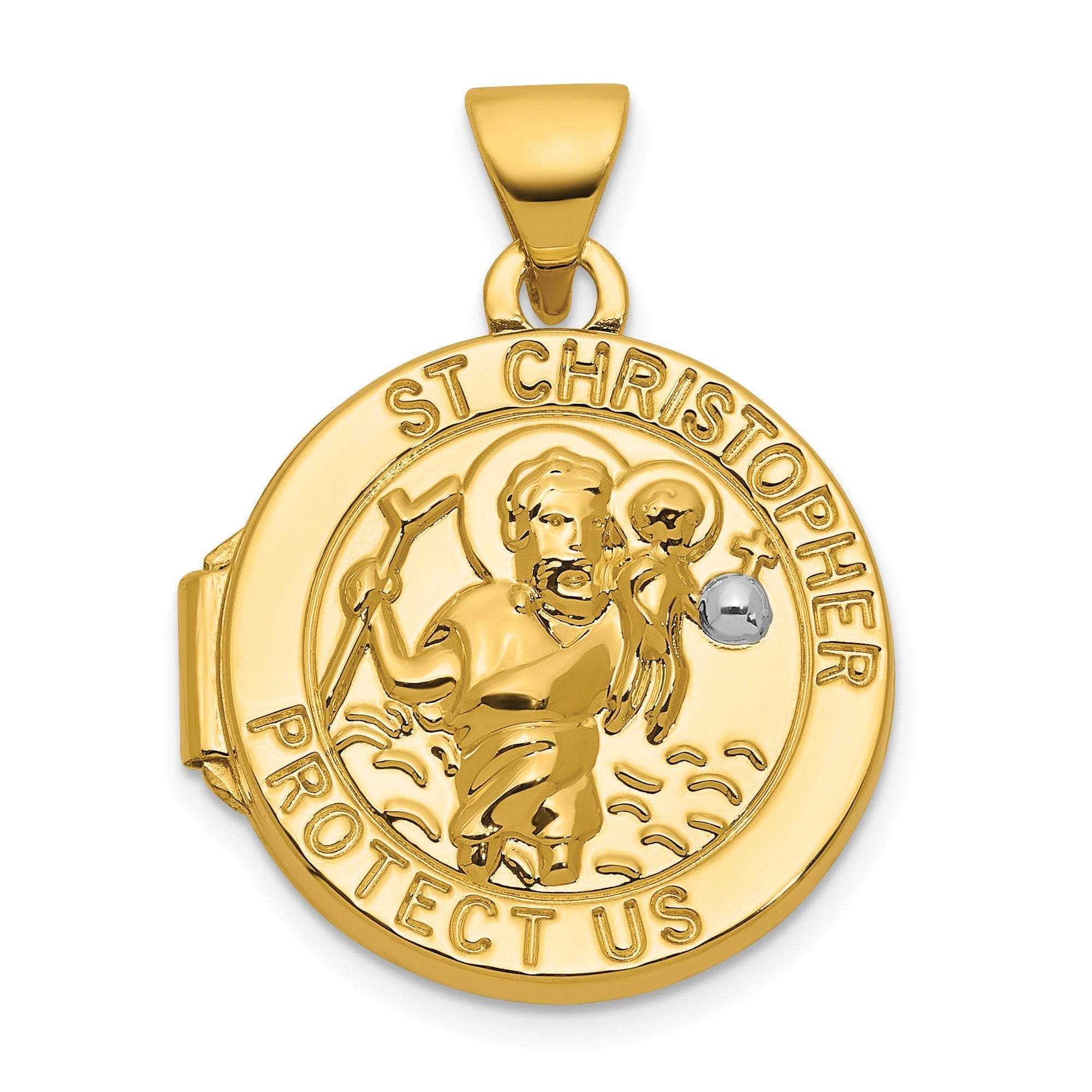 14k Yellow Gold With White Rhodium Polished Saint Christopher 16mm Round Locket