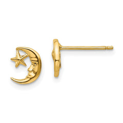 14k Yellow Real Gold Moon and Star Post Stud Earrings - JewelryAffairs