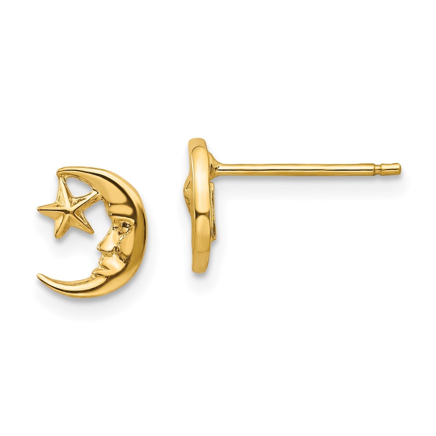 14k Yellow Real Gold Moon and Star Post Stud Earrings - JewelryAffairs