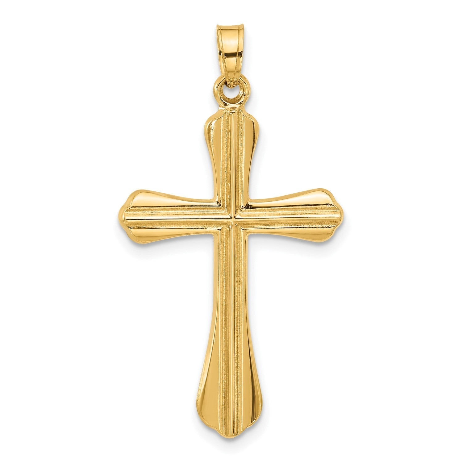 14k Yellow Real Gold Polished and Grooved Hollow Cross Pendant, 35x20mm - JewelryAffairs