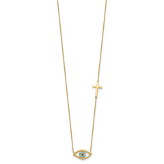 14K Yellow Gold CZ Evil Eye and Cross Pendant Adjustable Necklace, 18 to 20