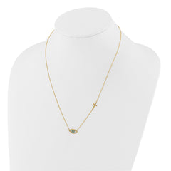 14K Yellow Gold CZ Evil Eye and Cross Pendant Adjustable Necklace, 18 to 20