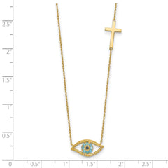 14K Yellow Gold CZ Evil Eye and Cross Pendant Adjustable Necklace, 18 to 20