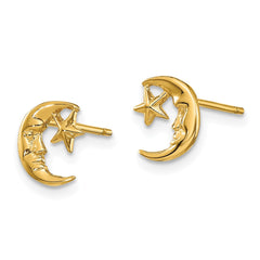 14k Yellow Real Gold Moon and Star Post Stud Earrings
