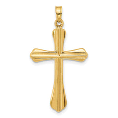 14k Yellow Real Gold Polished and Grooved Hollow Cross Pendant, 35x20mm