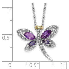 Sterling Silver and 14K Yellow Gold Amethyst and Diamond Dragonfly Necklace, 18 to 20 Adjustable