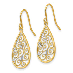 10K Yellow Gold Diamond-Cut Filigree Tear Drop Wire Earrings