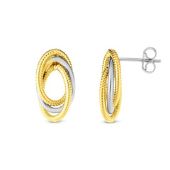 14k Yellow And White Gold Oval Link Stud Earrings