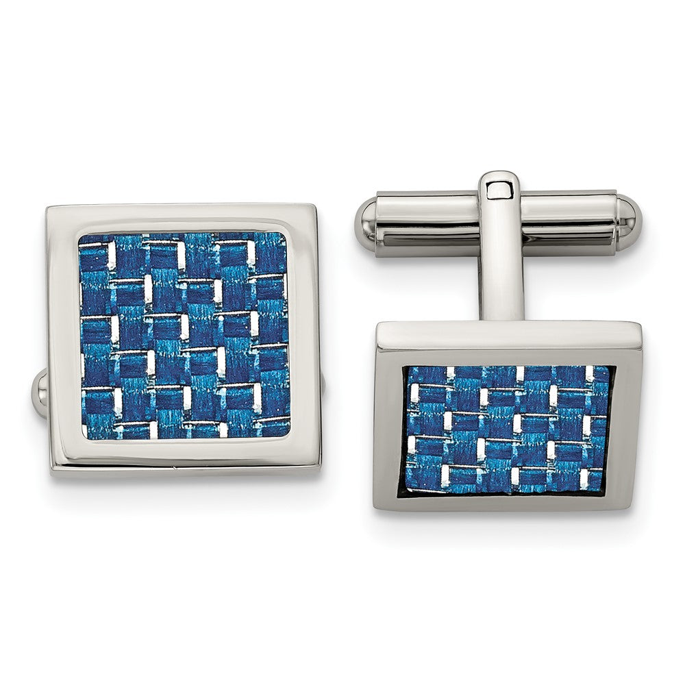 Chisel Stainless Steel Polished with Blue Carbon Fiber Inlay Square Cufflinks fine designer jewelry for men and women
